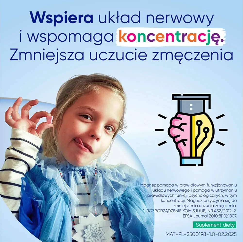 Magne B6 Kids 30 tabletek do żucia wspomaga układ nerwowy, funkcje psychologiczne, metabolizm energetyczny oraz zmniejsza zmęczenie i znużenie dziecka.