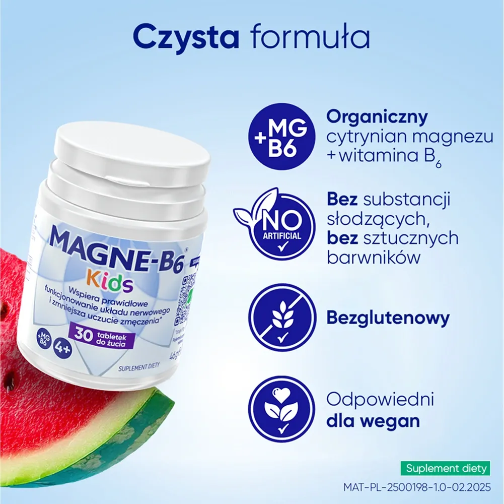 Tabletki do żucia Magne B6 Kids mają czystą formułę. Nie zawiera sztucznych słodzików ani barwników, nie zawiera glutenu, a Magne B6 Kids jest odpowiedni dla wegan.