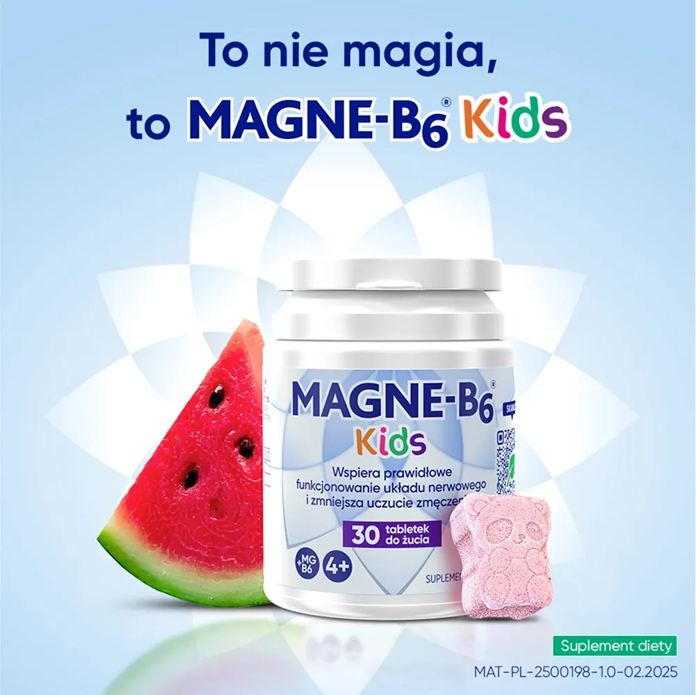 Magne B6 Kids 30 tabletek do żucia o smaku arbuza wspomaga układ nerwowy. Smaczne tabletki do żucia w kształcie pandy o naturalnym smaku arbuza