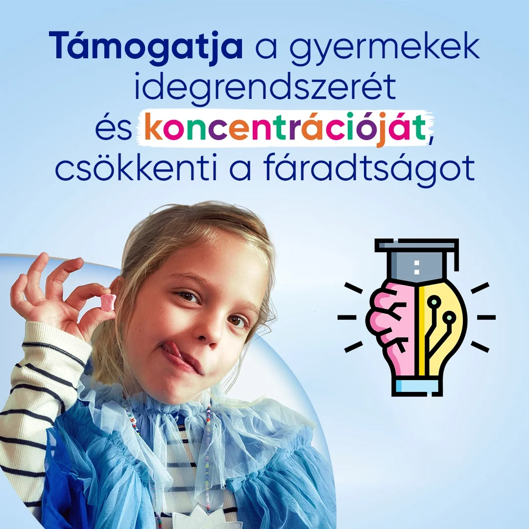 Magne B6 Kids 30 rágótabletta az idegrendszer, a pszichés funkciók, az energia anyagcsere támogatására és gyermeke fáradtságának és kimerültségének csökkentésére.