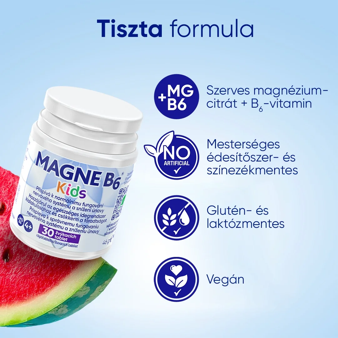 A Magne B6 Kids rágótabletta tiszta formulával rendelkezik. Nincs benne mesterséges édesítőszer vagy színezék, gluténmentes és a Magne B6 Kids vegánok számára is alkalmas.