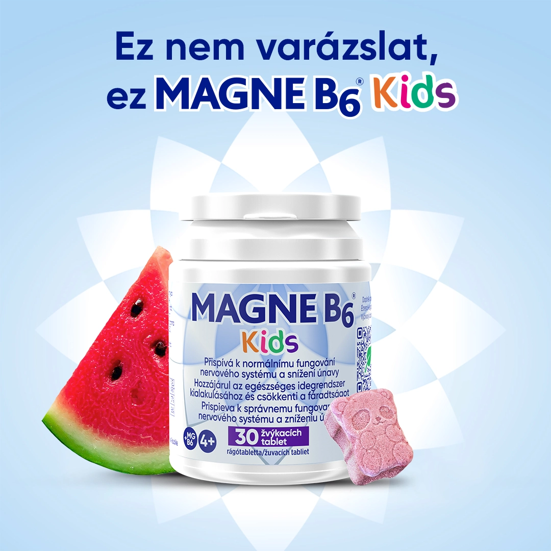 Magne B6 Kids 30 rágótabletta görögdinnye ízzel az idegrendszer támogatására. Ízletes panda alakú rágótabletta természetes görögdinnye ízzel.