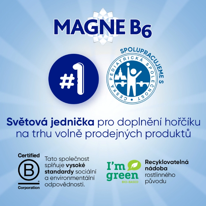 Magne B6 Kids Recyklovatelná dóza vyrobená z rostlinných materiálů. Magne B6 je značkou číslo 1 mezi hořčíkovými výrobky. Certifikát B Corp. Ve spolupráci s Českou pediatrickou společností